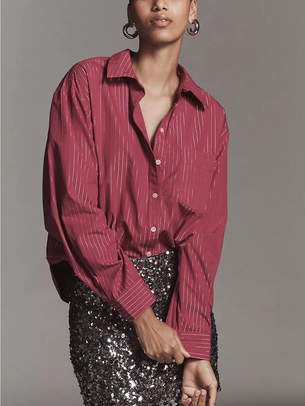 Anthropologie Maeve Fuchsia Metallic Stripe Button Down Shirt NWT
